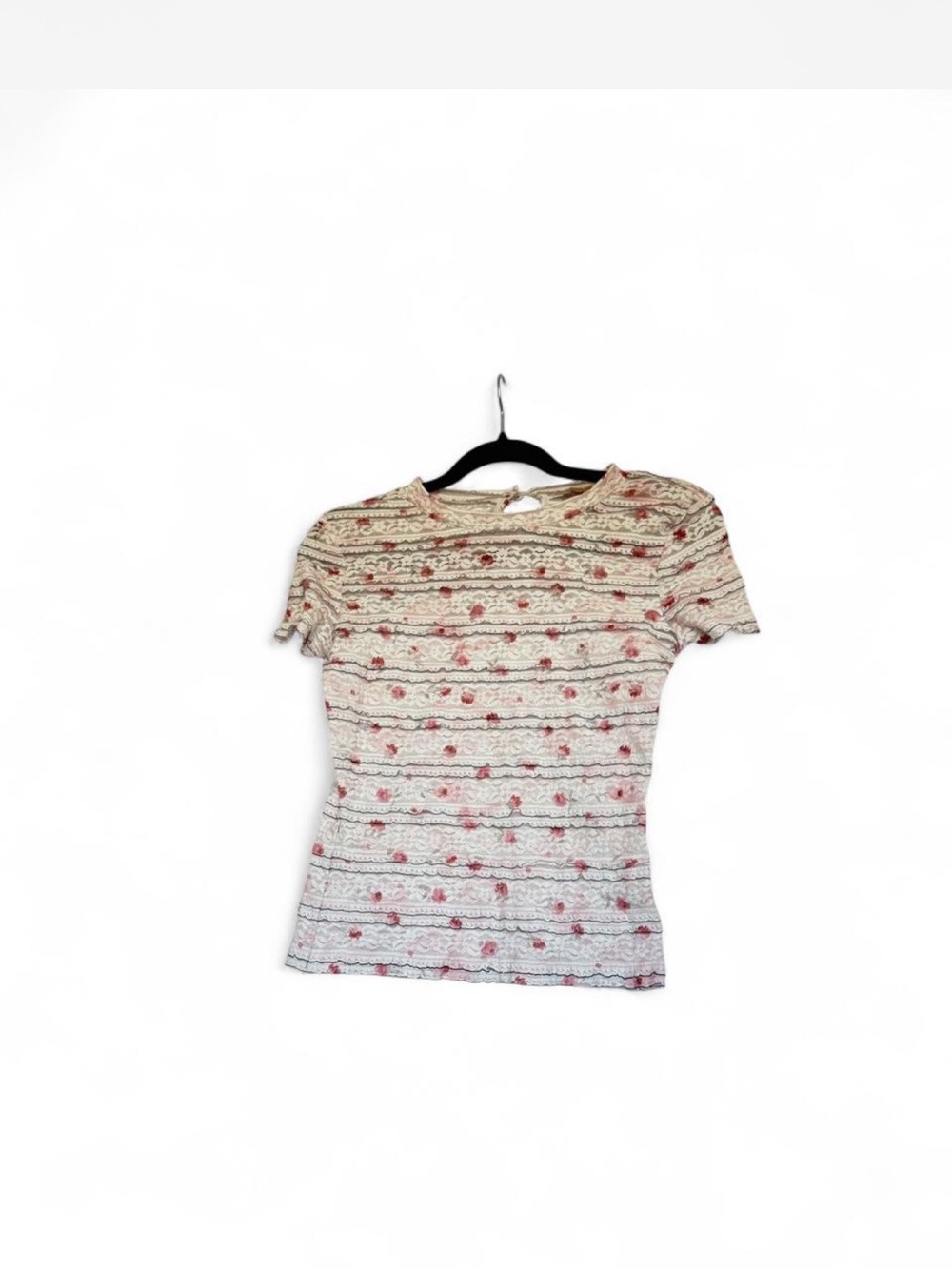 Cream Short Sleeve Tee with Pink Floral Stripe Detail